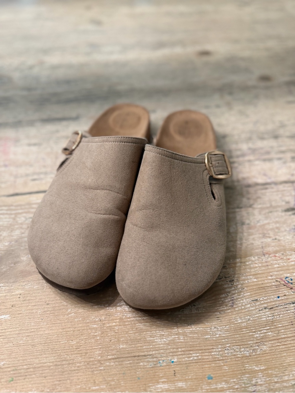 Time and Tru Taupe Suede Slip-On Mules with Buckle